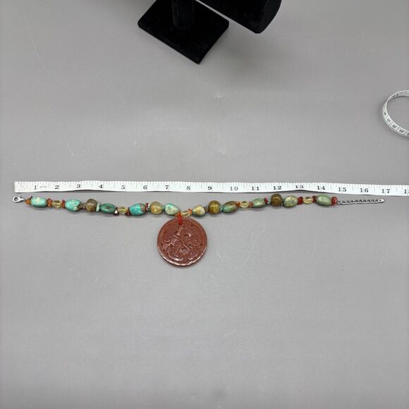 Turquoise Carnelian Agate Necklace Genuine Stone Beads Carved Pendant Statement - Picture 12 of 13